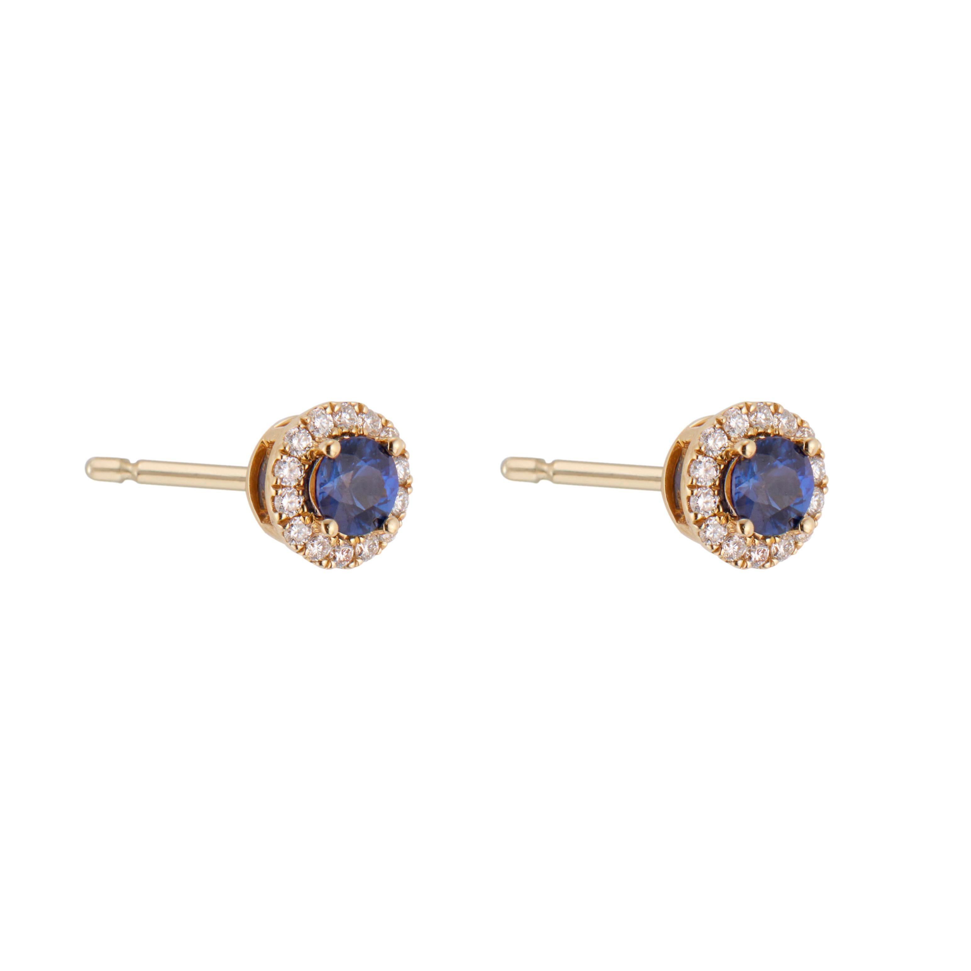 Round Cut .60 Carat Blue Sapphire Diamond Halo Yellow Gold Earrings For Sale