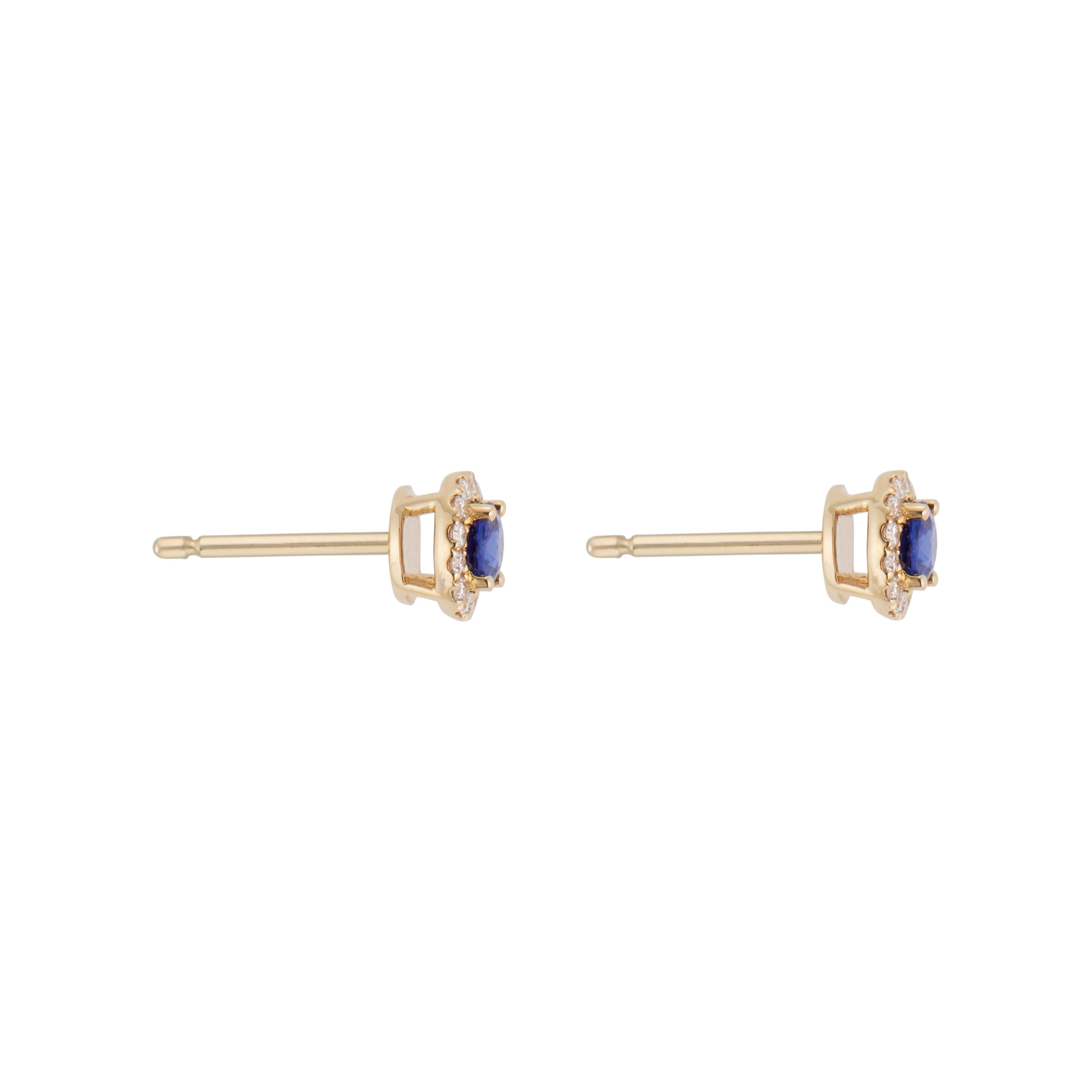 Women's .60 Carat Blue Sapphire Diamond Halo Yellow Gold Earrings For Sale