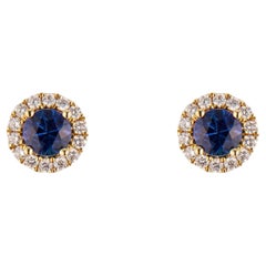 .60 Carat Blue Sapphire Diamond Halo Yellow Gold Earrings