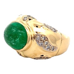 6.0 Carat Cabochon Emerald Diamond 18 Karat Yellow Gold Cocktail Ring