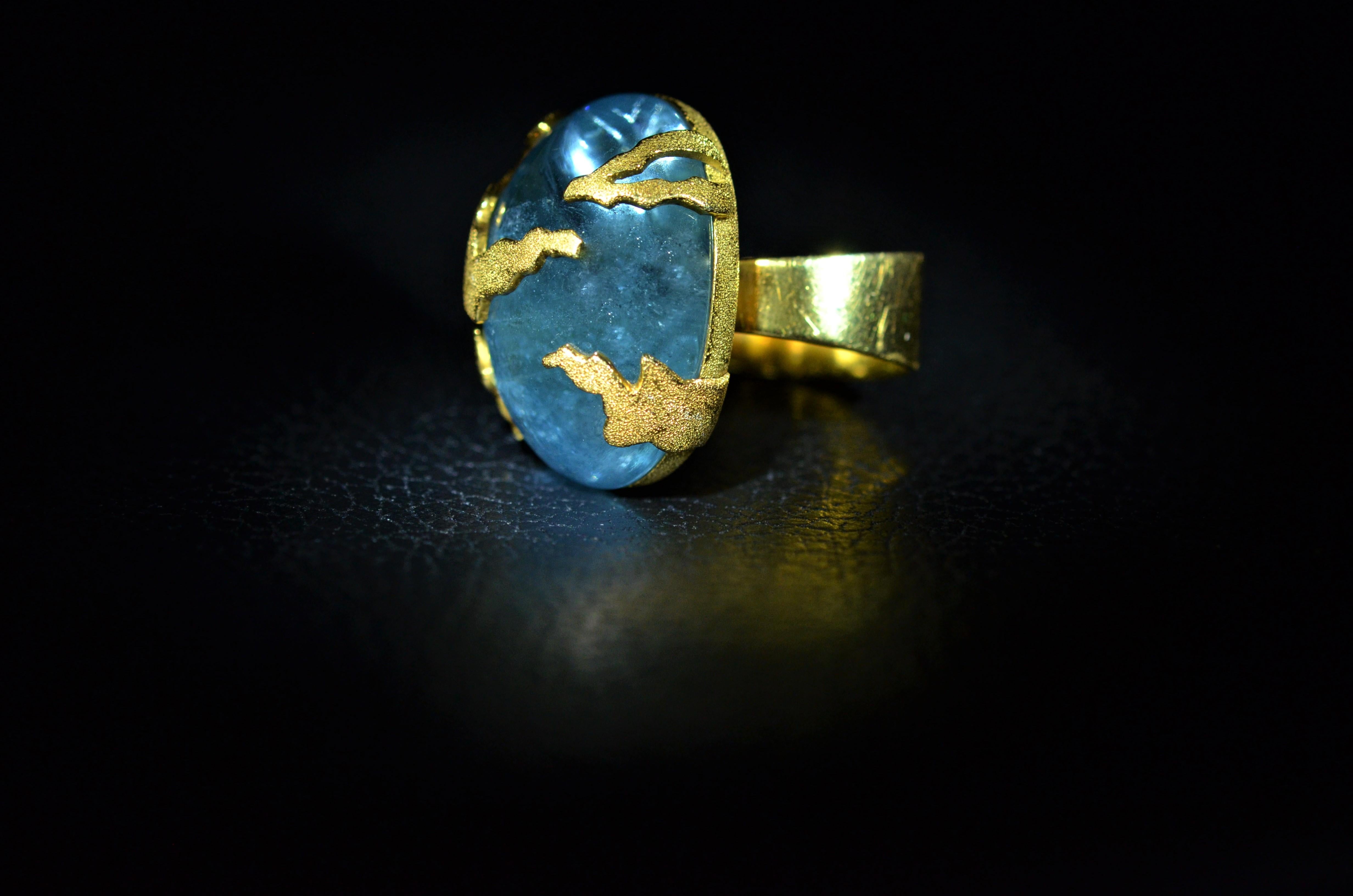 Modernist 60 Carat Cabochon Santa Maria Aquamarine Ring in 18 Karat Yellow Gold For Sale