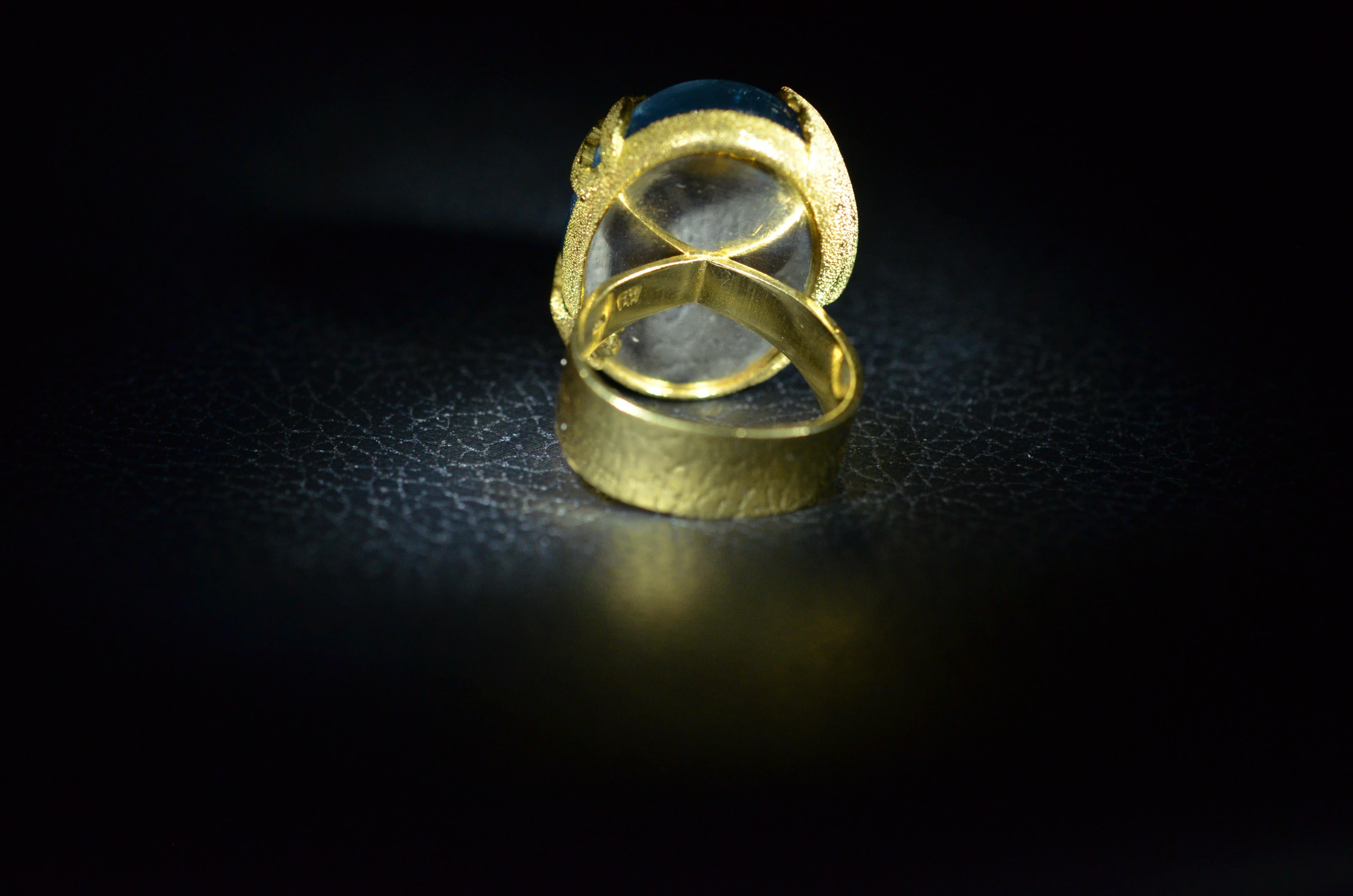 Oval Cut 60 Carat Cabochon Santa Maria Aquamarine Ring in 18 Karat Yellow Gold For Sale