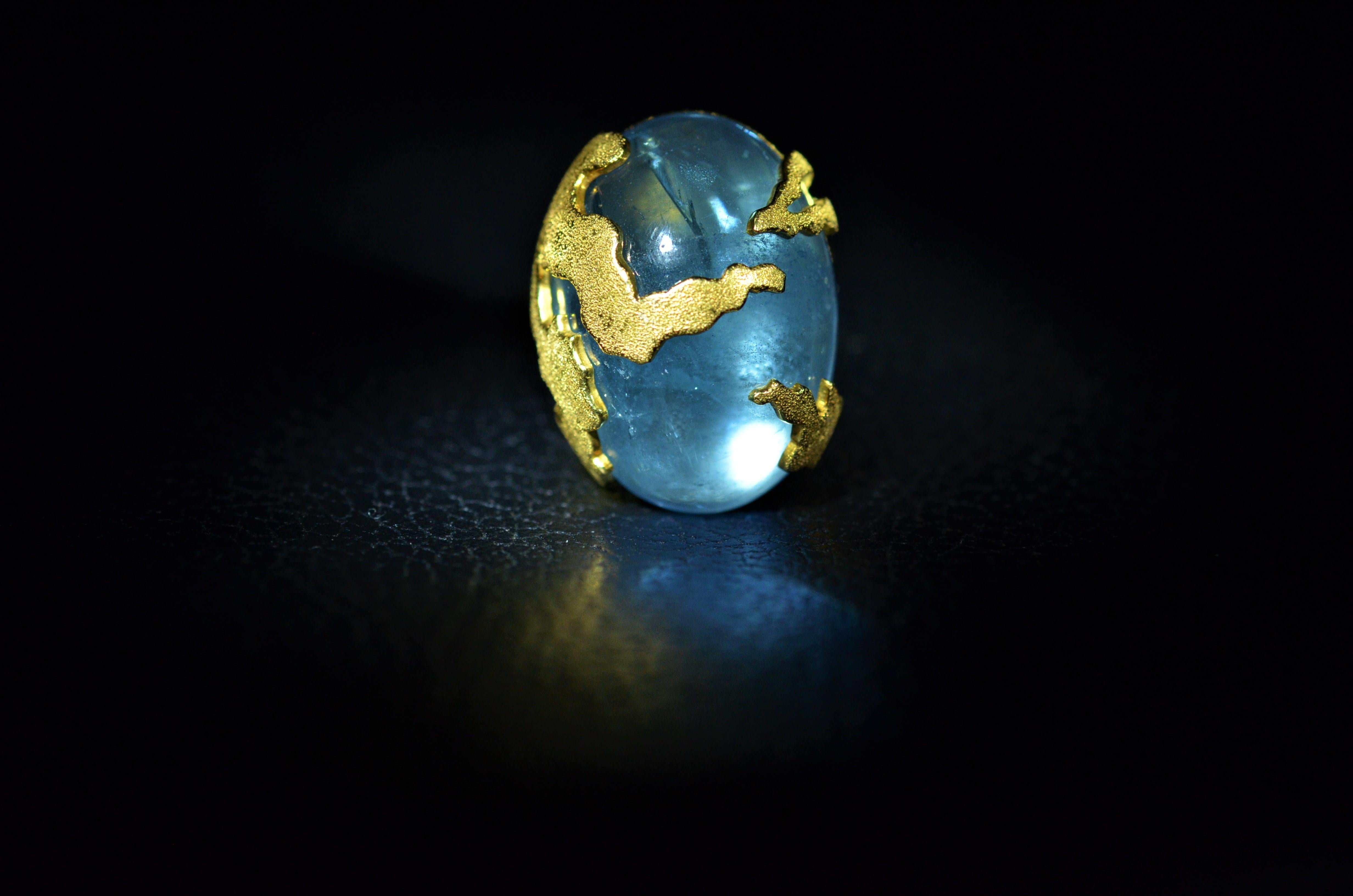 60 Carat Cabochon Santa Maria Aquamarine Ring in 18 Karat Yellow Gold In Excellent Condition For Sale In Warrington, PA