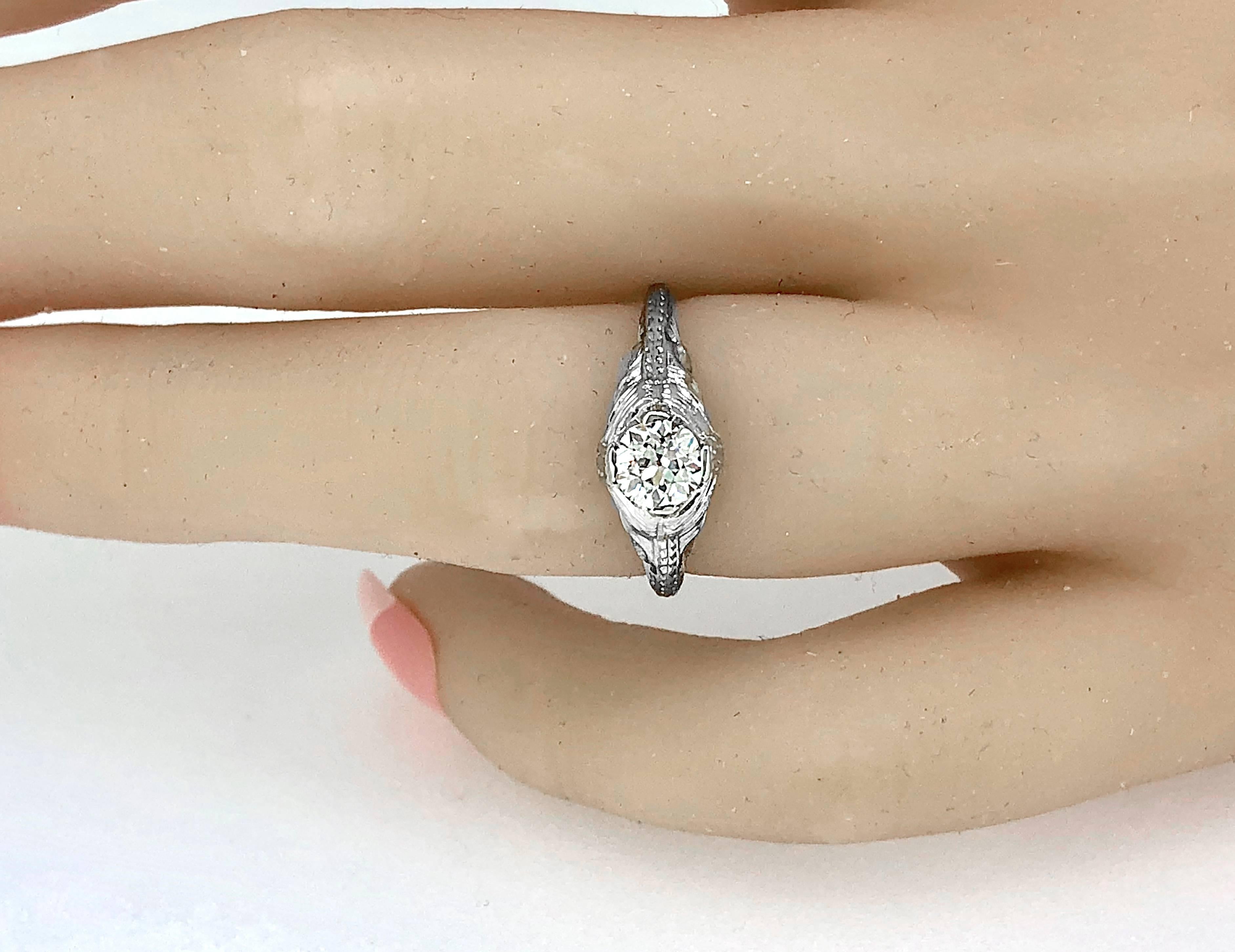 Art Deco .60 Carat Diamond Antique Engagement Ring 18 Karat White Gold For Sale
