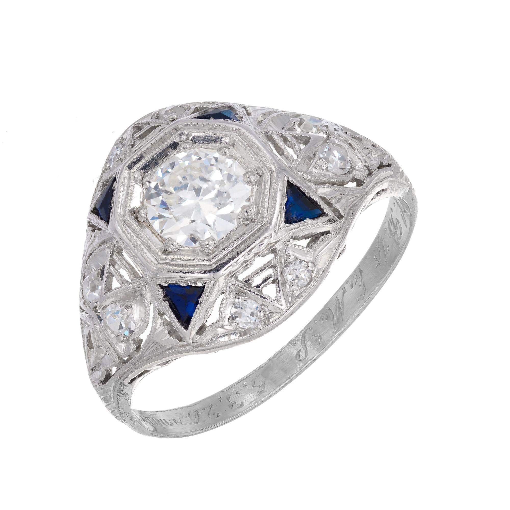 Vintage 1926 diamond and sapphire Platinum filigree dome engagement ring. Set with 8 bright single cut Diamonds and 4 triangular Sapphires halo a transitional EGL certified .50cts diamond. 

1 transitional cut Diamond, approx. total weight .50cts, H