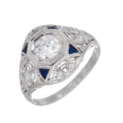 .60 Carat Diamond Blue Sapphire Platinum Dome Triangle Ring