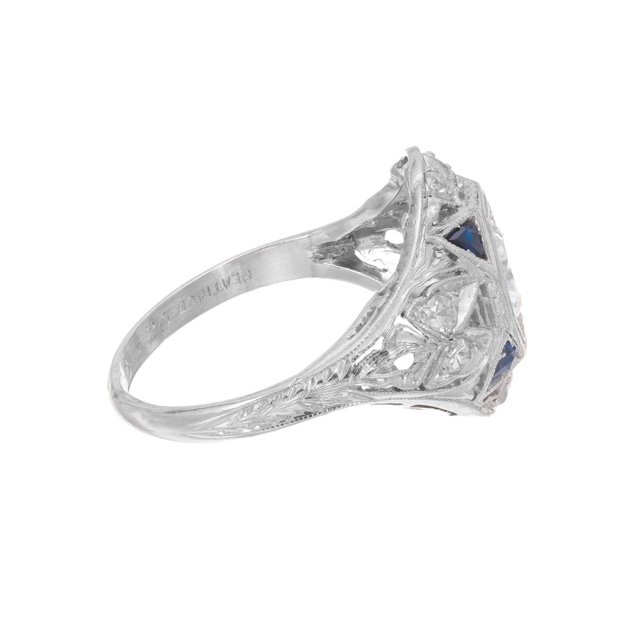 Single Cut .60 Carat Diamond Blue Sapphire Platinum Dome Triangle Ring For Sale