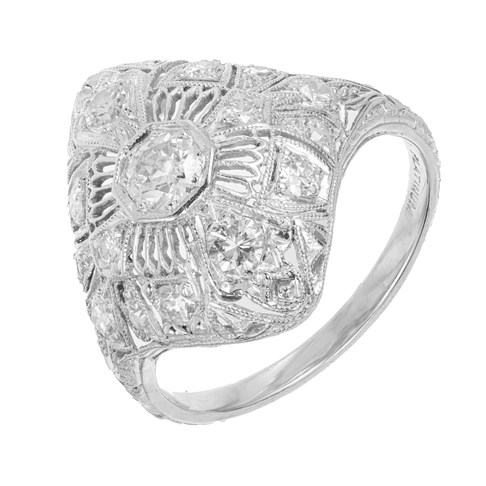 Original early 1900's platinum filagree diamond dome ring. 15 round H color (near colorless) diamonds approximately totaling .60cts set in a beautiful dome platinum filigree dome top setting. 

15 round diamonds, H VS SI approx. .60cts
Size 6 and