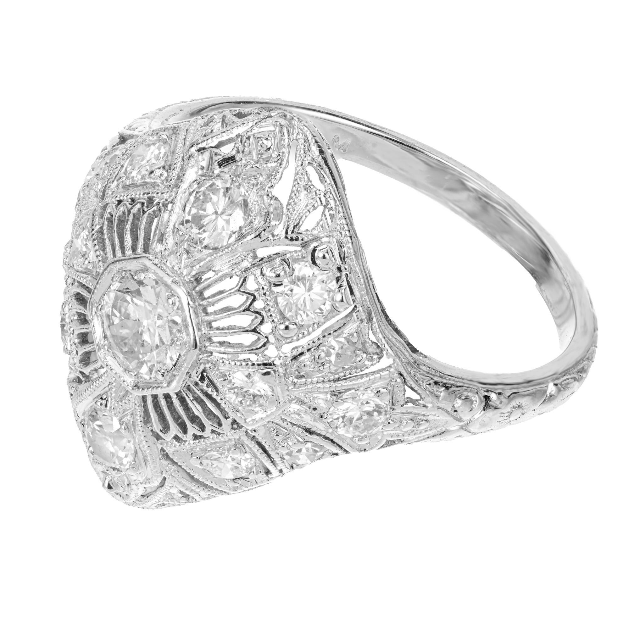 Round Cut .60 Carat Diamond Platinum Filigree Dome Ring For Sale