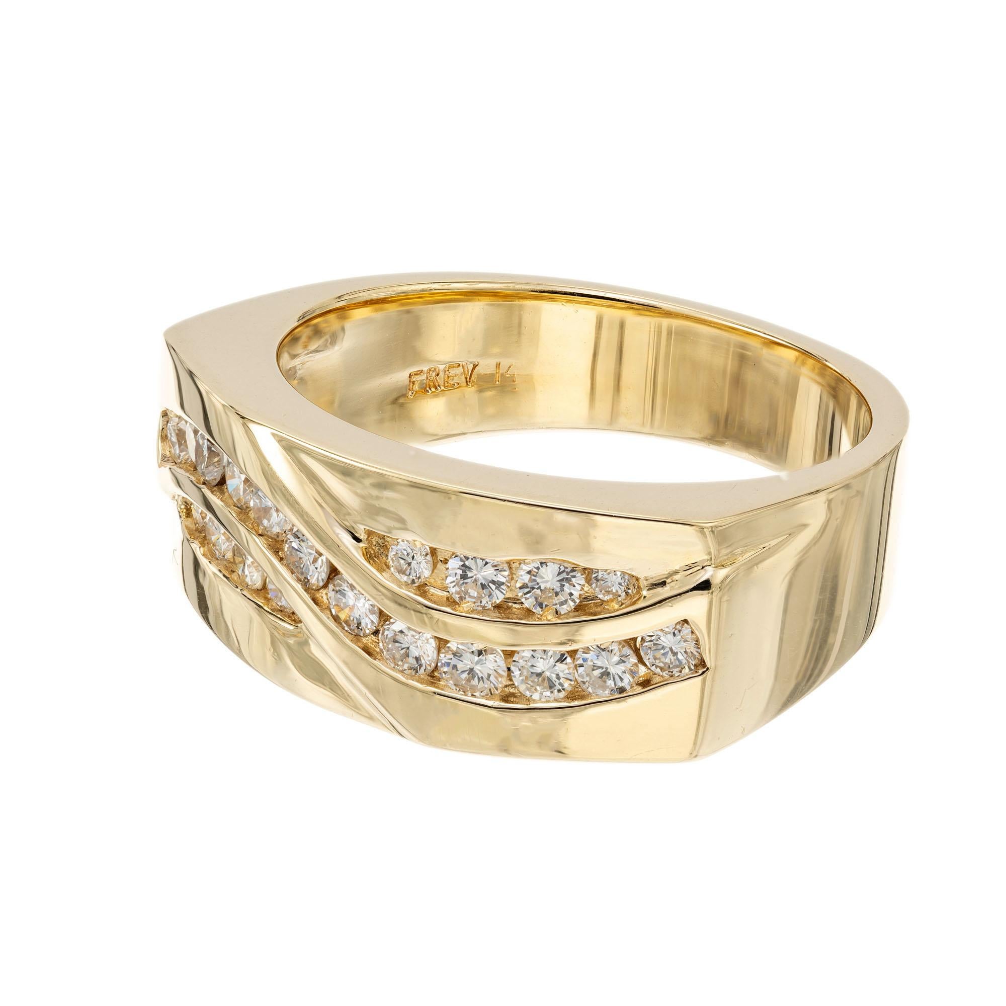 Domed flat top 14k yellow gold band ring set with 20 round brilliant cut diamonds.  

20 round brilliant cut diamonds, H-I VS approx. .60cts
Size 8 and sizable
14k yellow gold 
Stamped: 14k
Hallmark: FREV
10.5 grams
Width at top: 8.7mm
Height at