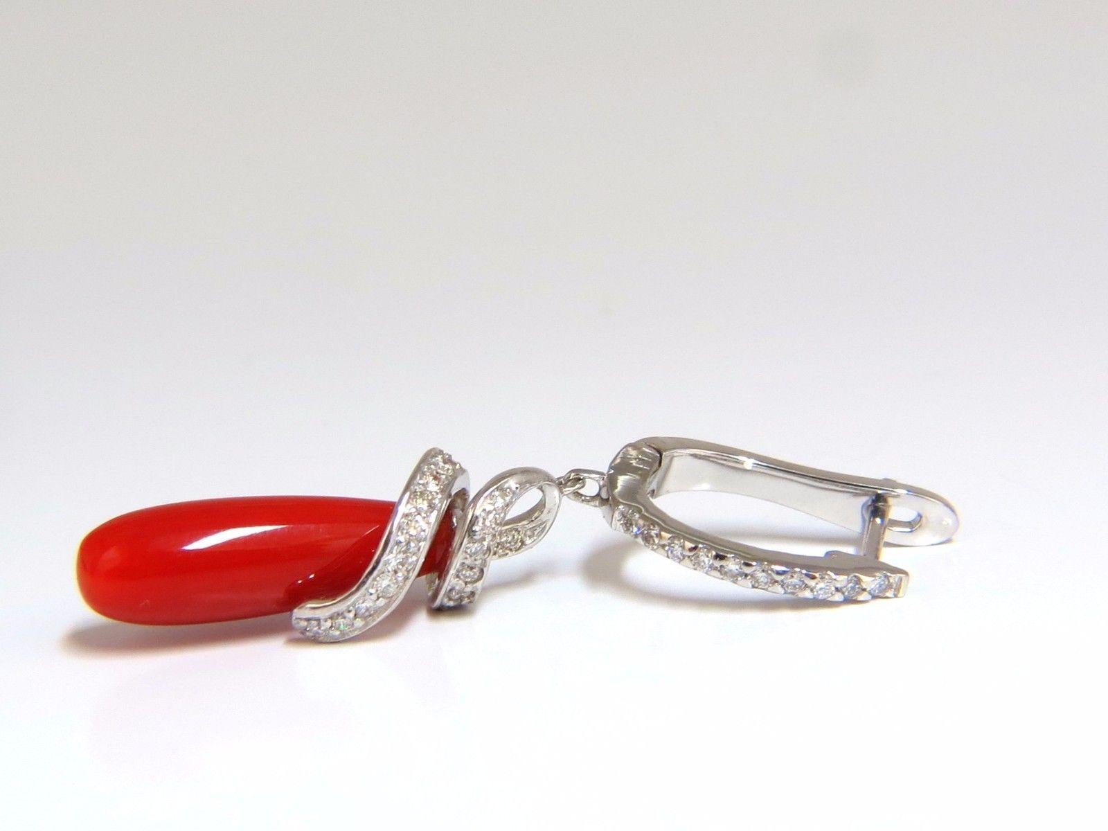 .60 Carat Diamonds Natural Ox Blood Coral Dangle Earrings 14 Karat In New Condition In New York, NY