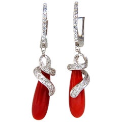 .60 Carat Diamonds Natural Ox Blood Coral Dangle Earrings 14 Karat