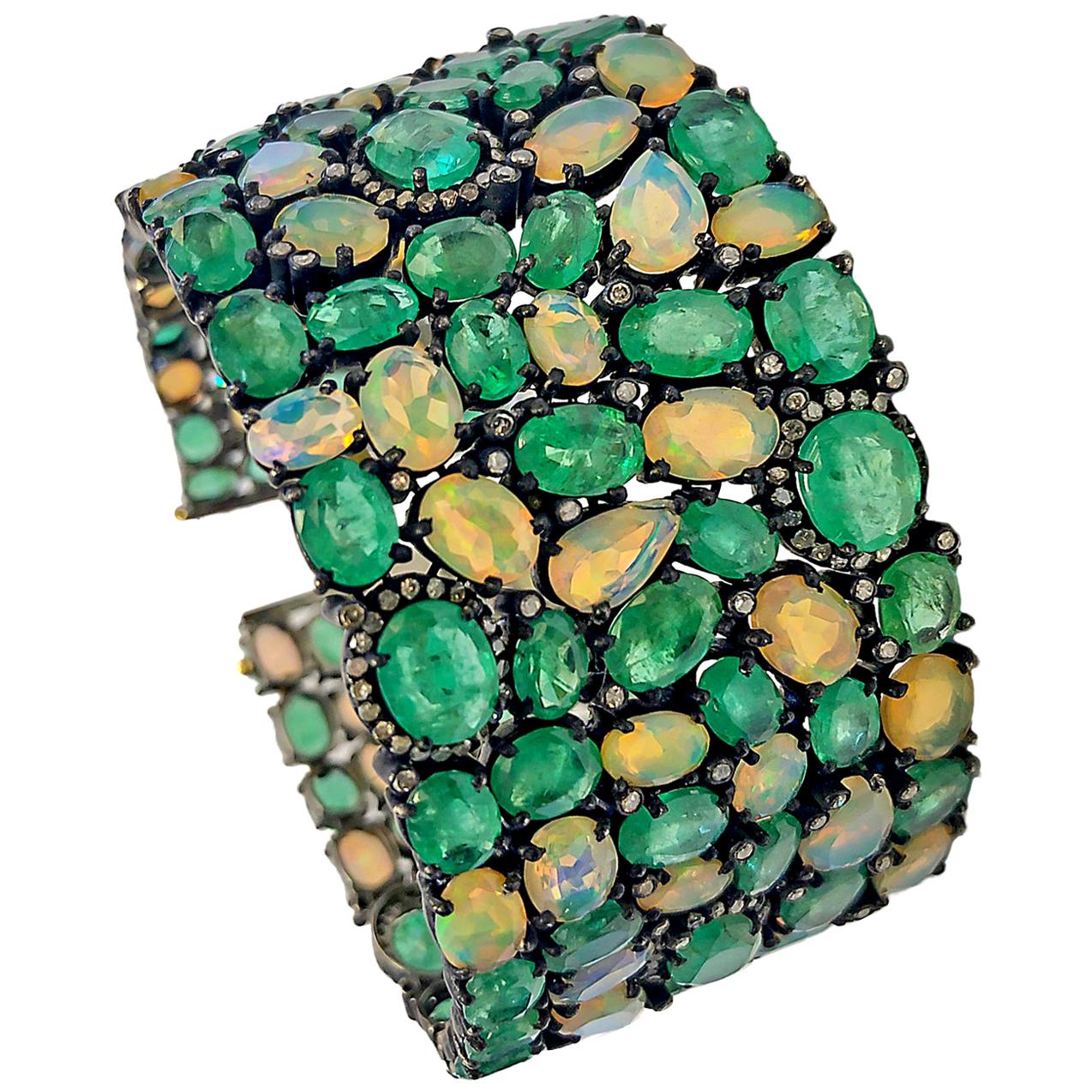 60 Carat Emerald 26 Carat Opal 1 Carat Diamond Art Deco Silver and Gold Bracelet For Sale