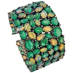 60 Carat Emerald 26 Carat Opal 1 Carat Diamond Art Deco Silver and Gold Bracelet