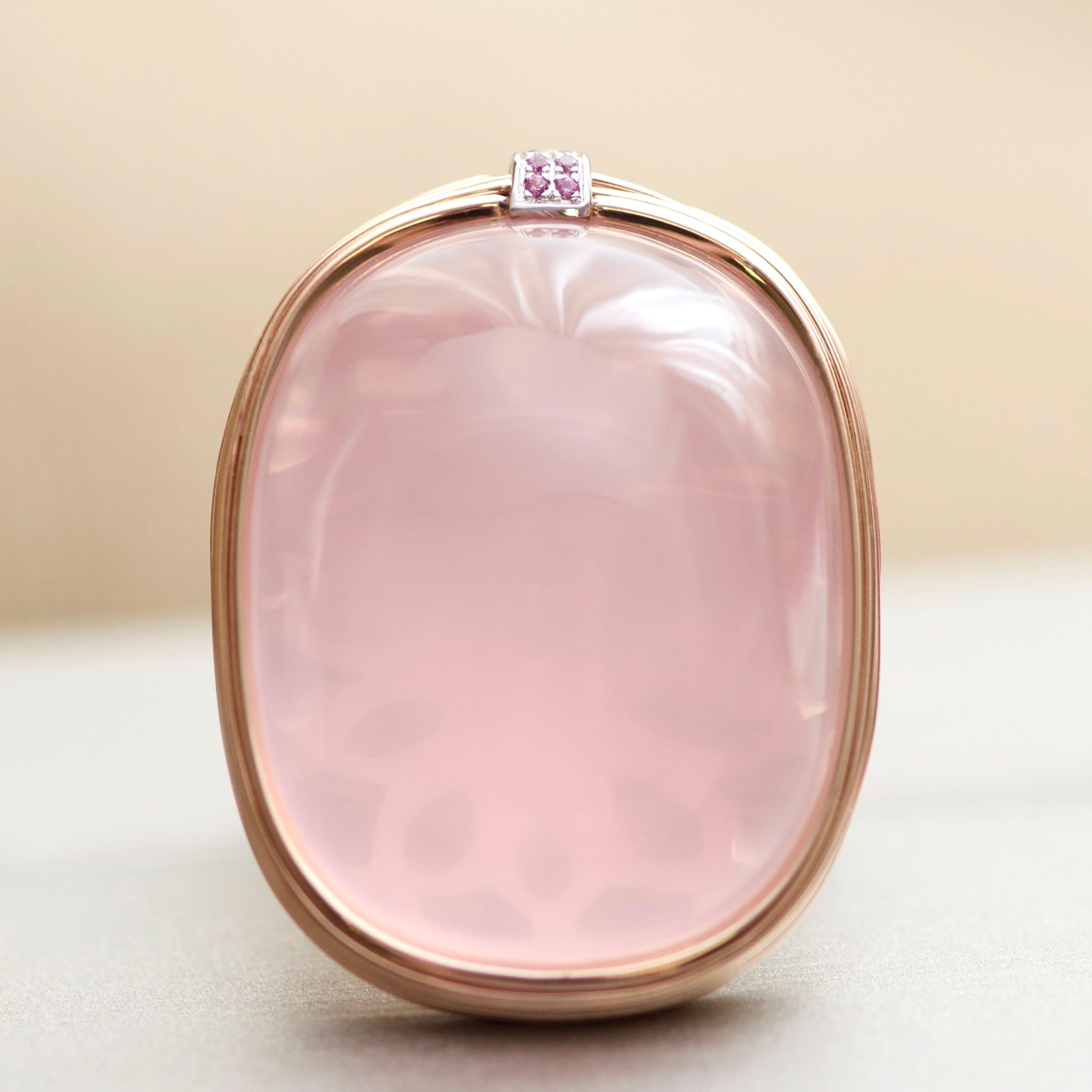 If you like nude pink colors we have something special for you.
Rose quartz from Madagascar is looking like a candy in a frame of rose gold.
We love unusual techniques in our jewelry very much. 
In this ring we used absolutely unusual technology -