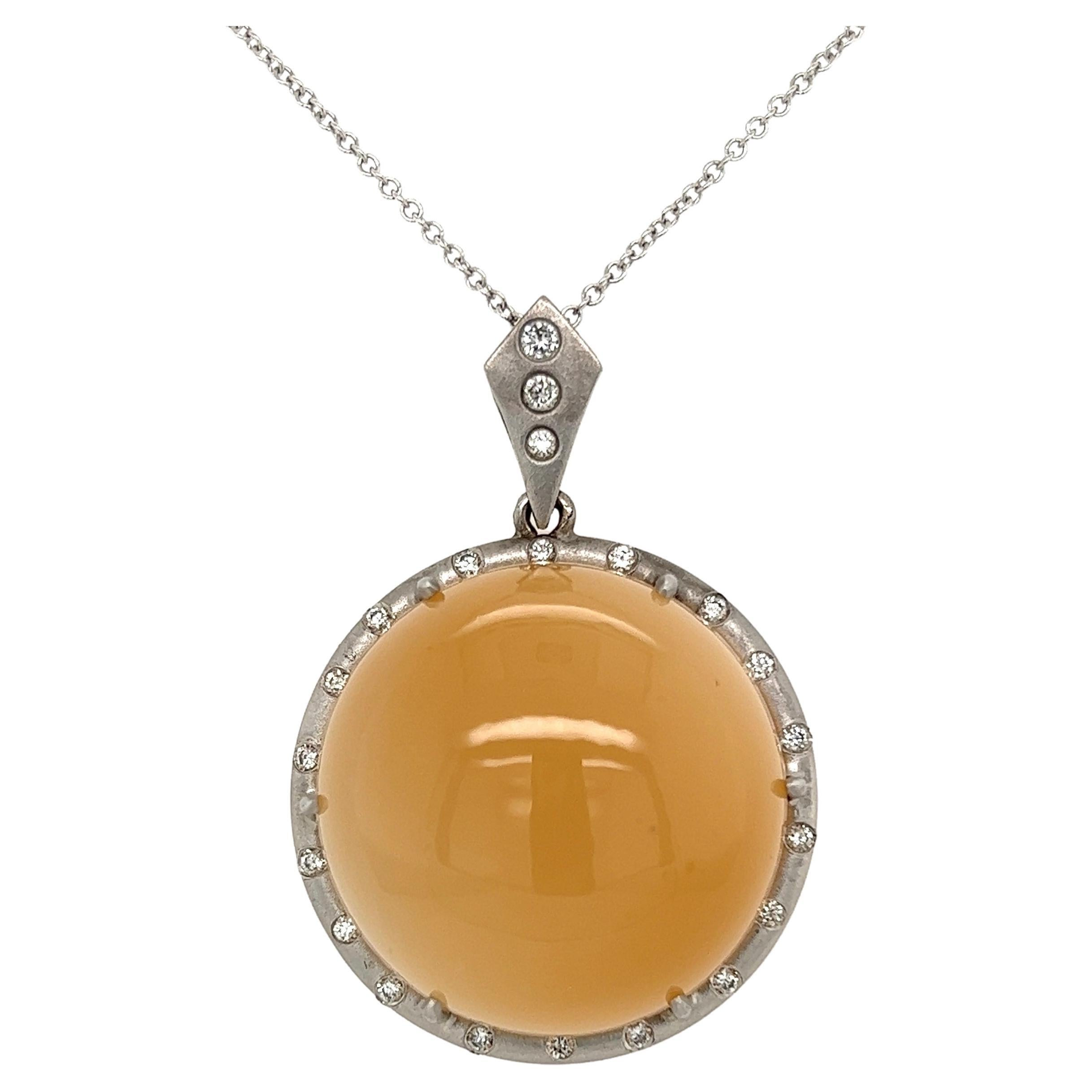 60 Carat Moonstone and Diamond Art Deco Revival Gold Pendant Necklace For Sale