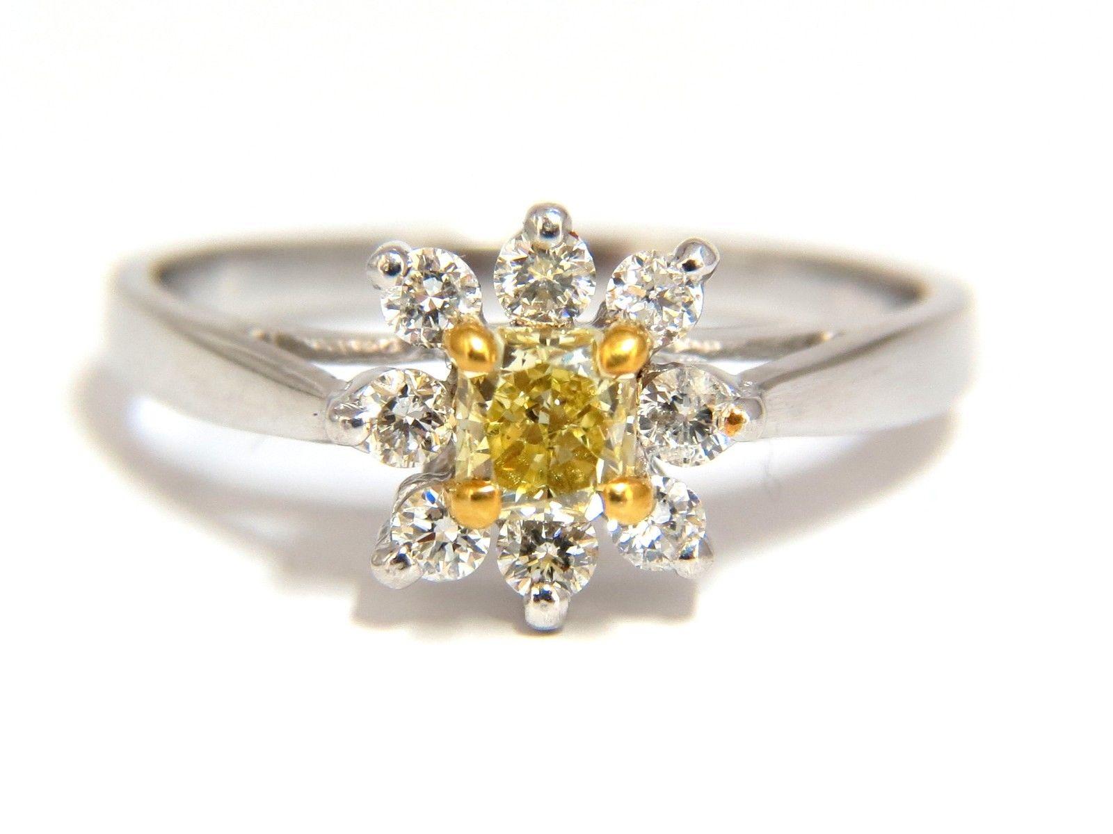 Princess Cut .60 Carat Natural Fancy Yellow Diamond Ring 14 Karat Petite Cluster