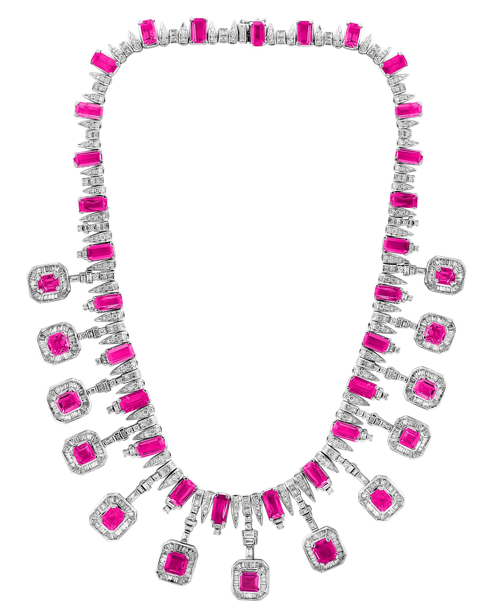 
GIA Certified, No Heat, Medagaskar  natural  60 Ct Pink Sapphire & 25 Ct Diamond Necklace Suite 18 Karat white gold 150 Gm
This bridal suite made out of 18 Karat gold .Necklace consisting of 13 emerald cut pink sapphires , each surrounded by