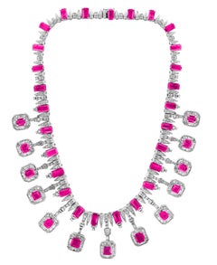 GIA Certified, No Heat, 60 Ct Pink Sapphire & 25 Ct Diamond Necklace Suite 18 Kt