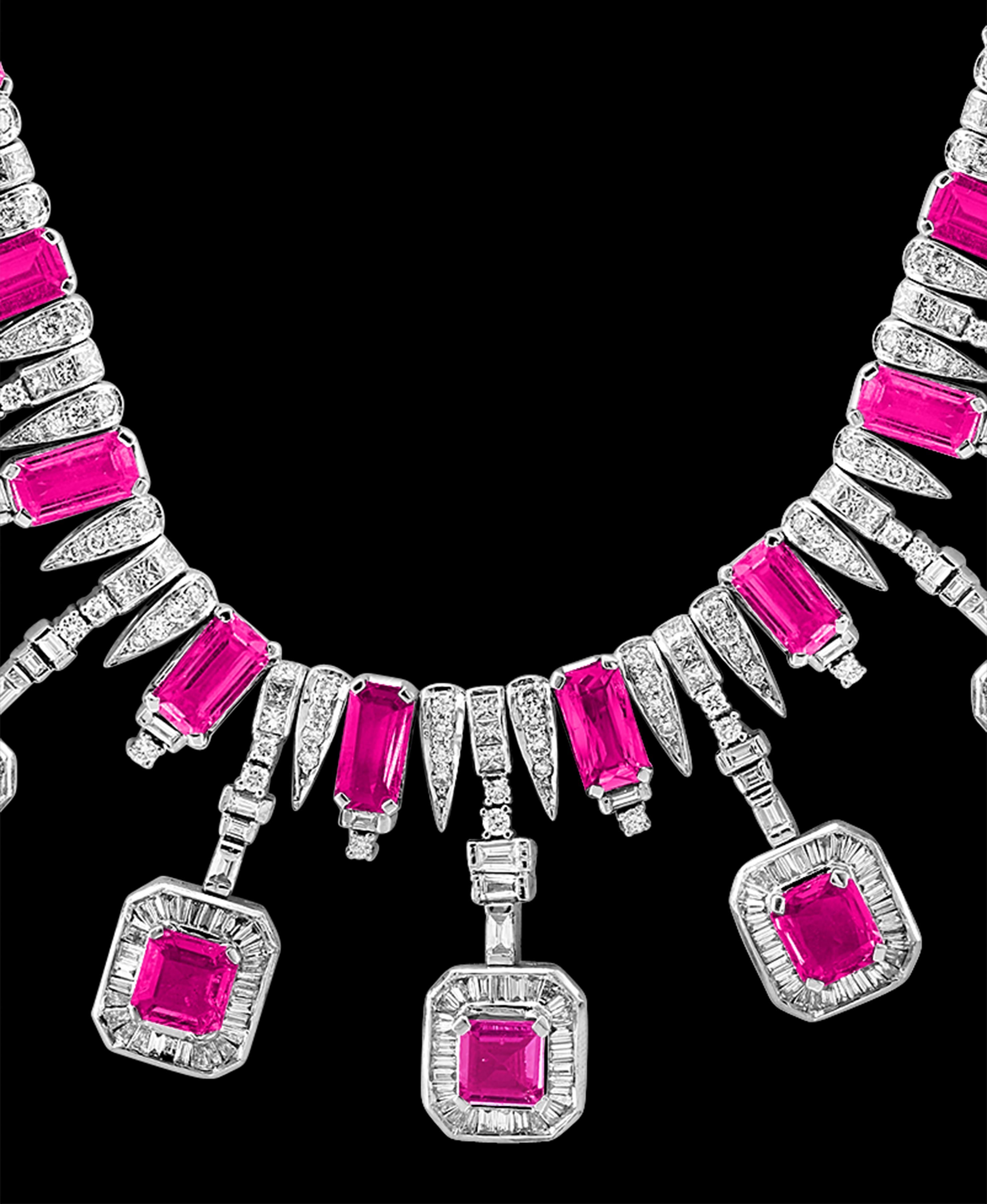 GIA Certified, No Heat, 60 Ct Pink Sapphire & 25 Ct Diamond Necklace Suite 18 Kt For Sale 1