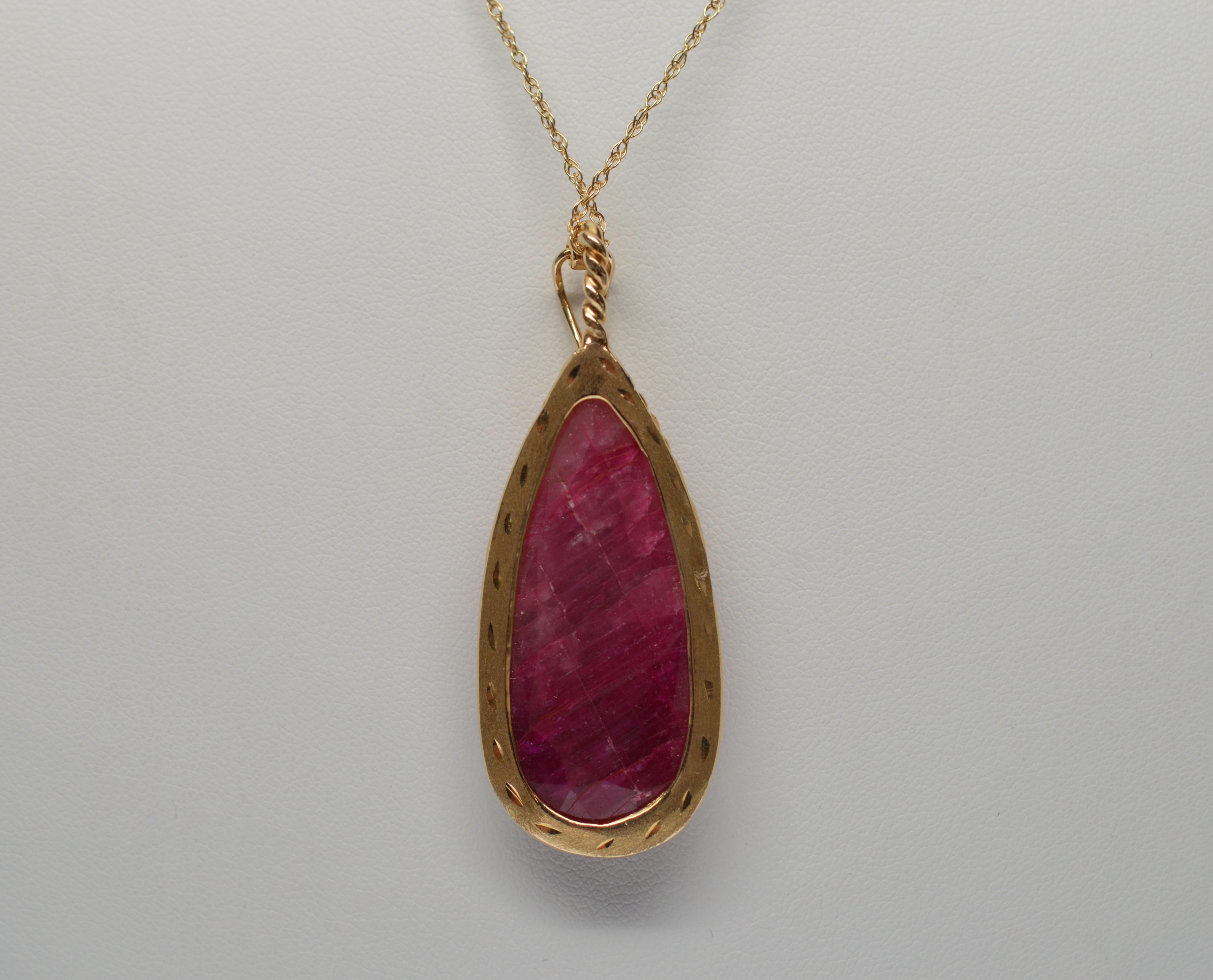 Women's 60 Carat Natural Ruby Pendant on 14K Yellow Gold Necklace 