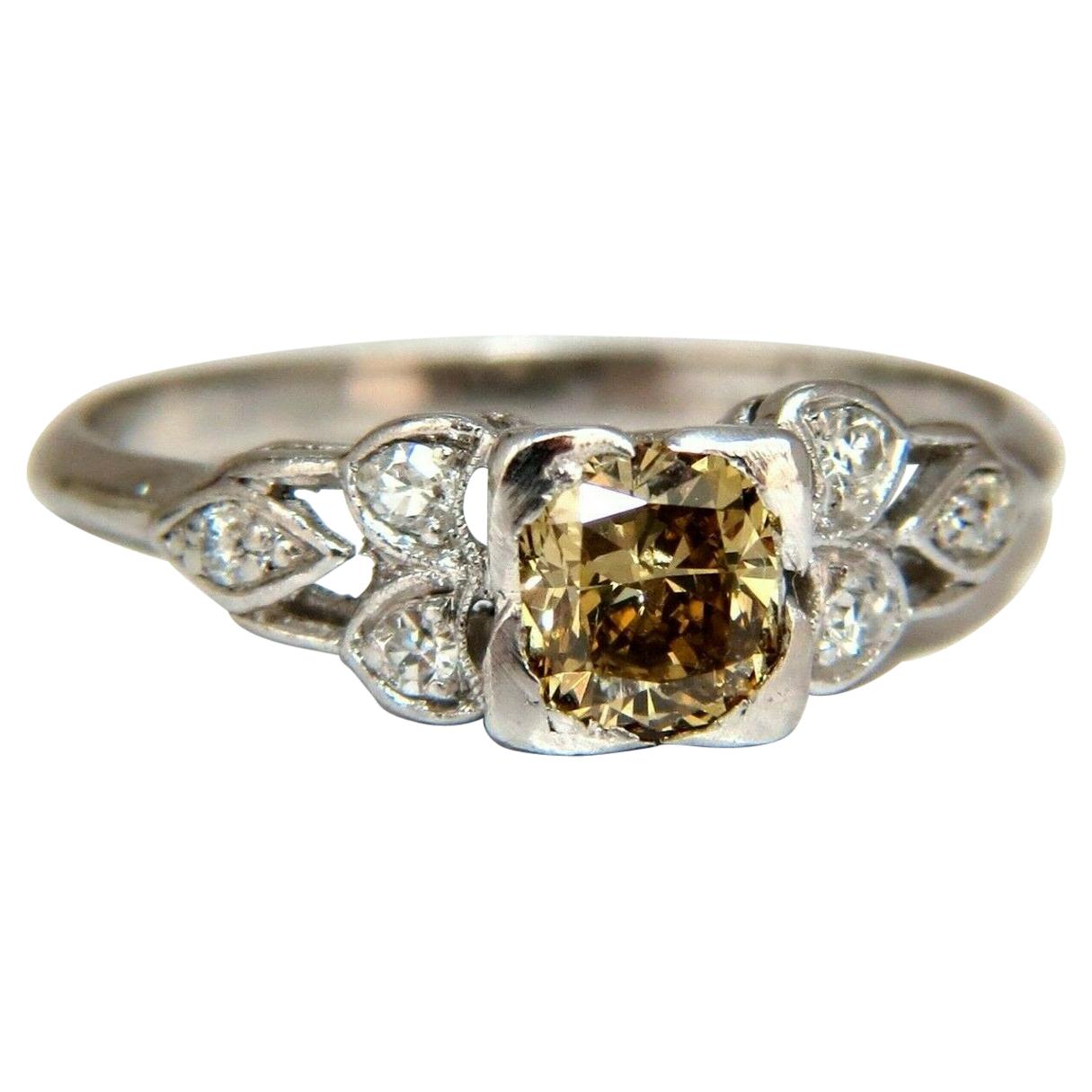 .60 Carat Natural Yellow Green Brown Diamond Vintage Gilt Ring Platinum For Sale