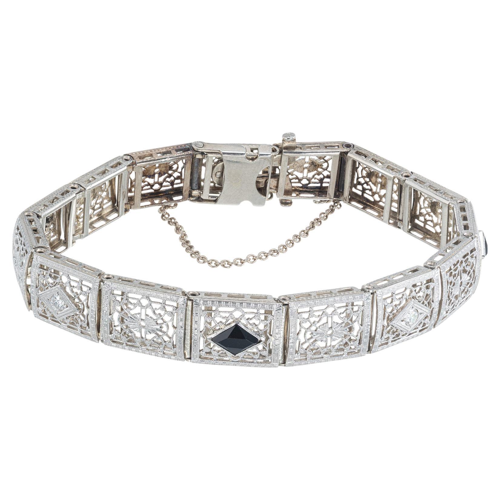 .60 Carati Onice Diamante Art Deco Bracciale A Link in oro bianco