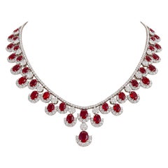 60 Carat Oval Ruby and Diamond Halo Necklace