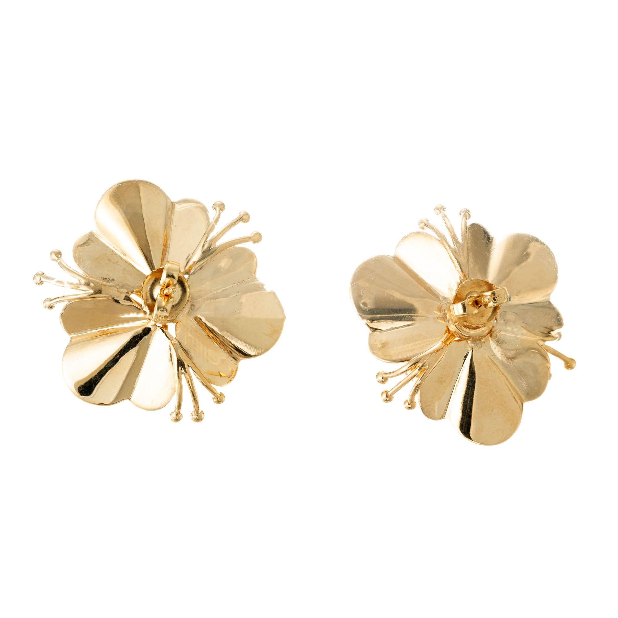 Round Cut .60 Carat Ruby Diamond Yellow Gold Flower Earrings