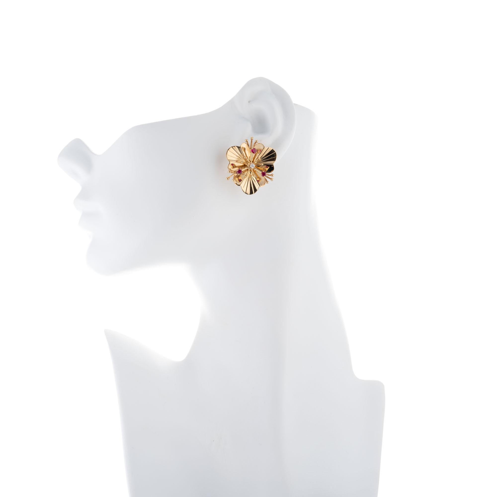 Women's .60 Carat Ruby Diamond Yellow Gold Flower Earrings