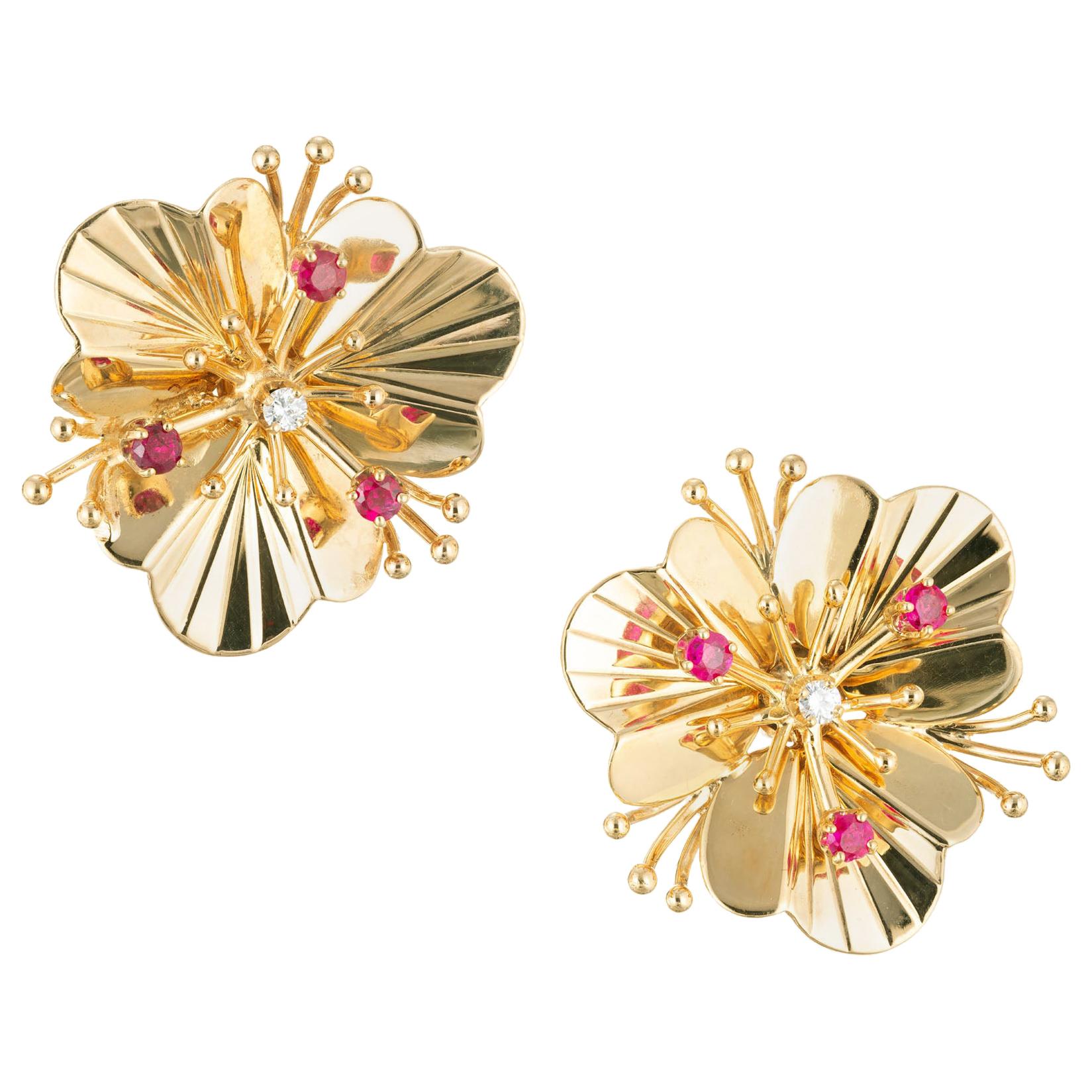 .60 Carat Ruby Diamond Yellow Gold Flower Earrings