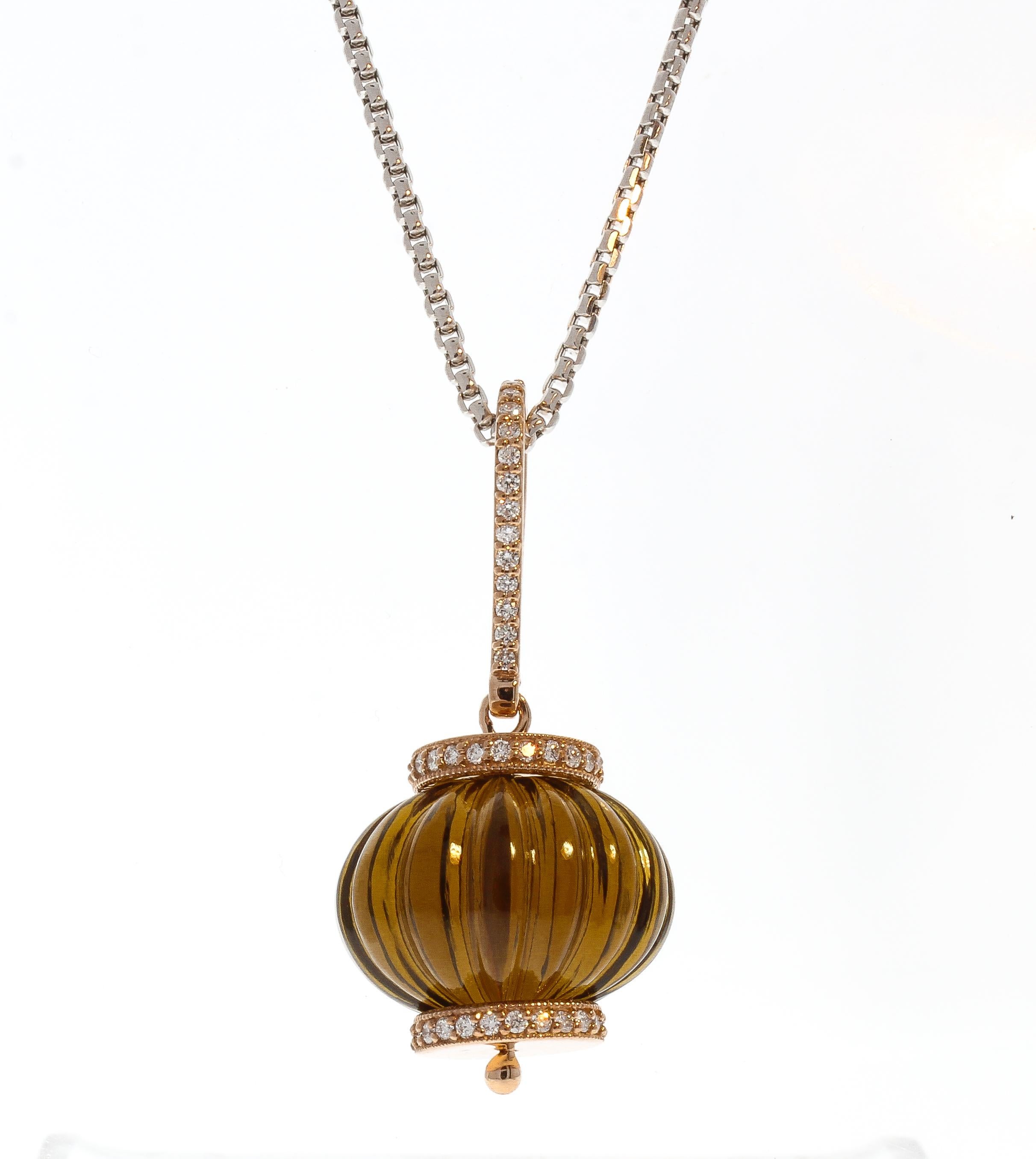 Contemporary 60 Carat Smoky Quartz Gemstone and Diamond Pendant Necklace in 14 Karat Gold