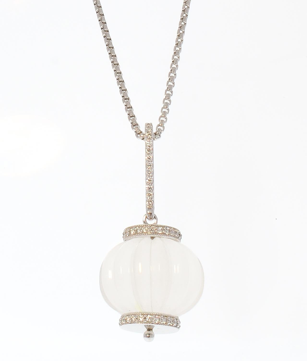 Contemporary 60 Carat White Quartz Gemstone and Diamond Pendant Necklace in 14 Karat Gold