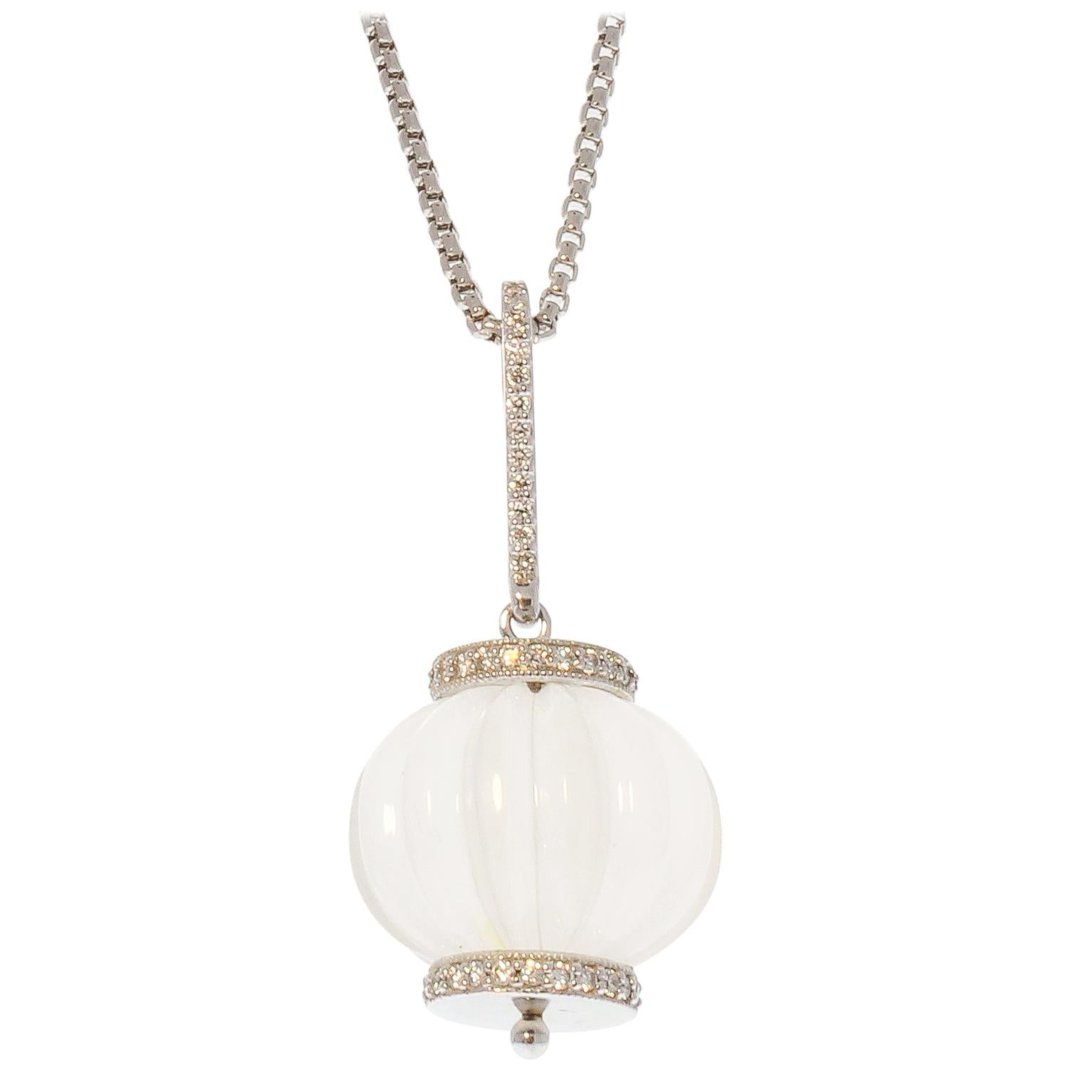 60 Carat White Quartz Gemstone and Diamond Pendant Necklace in 14 Karat Gold