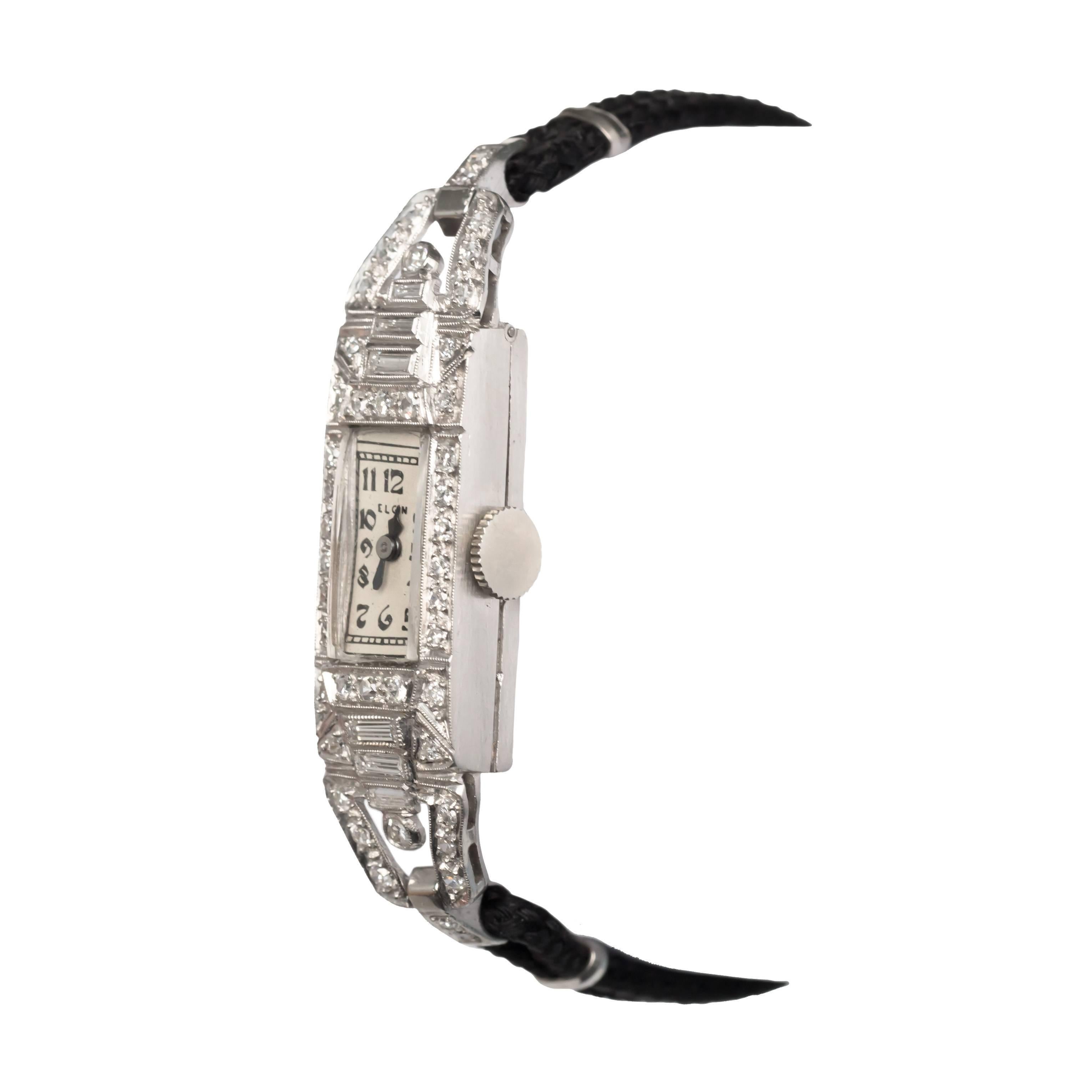 Item Details: 
Metal Type: Platinum
Weight: 12.4 grams

Diamond Details:
Shape: Antique Single Cut, Antique Baguette Cut
Carat Weight: .60 carat, total weight
Color: F
Clarity: VS1

Length of watch: 6.25 inches