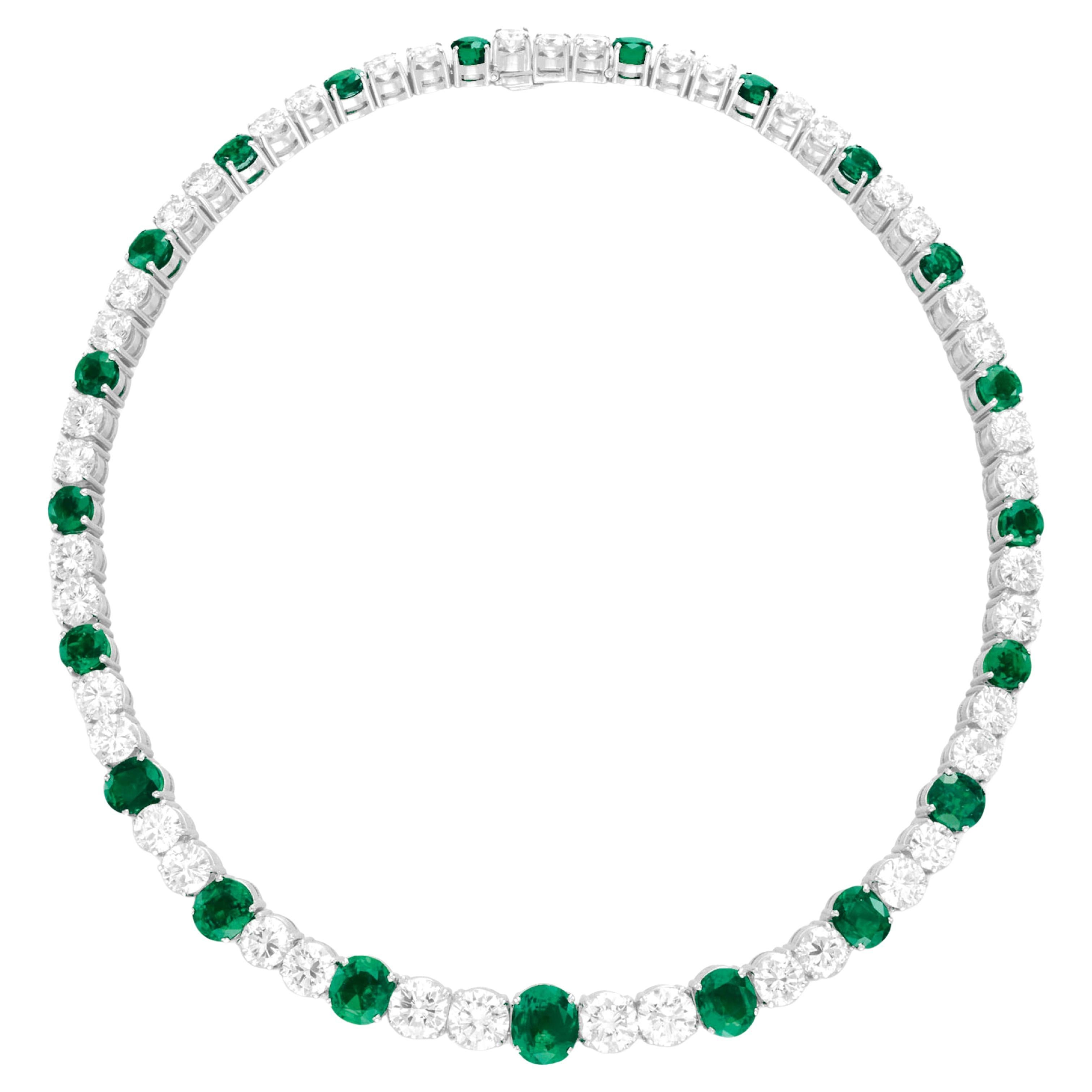 60 Carats Emeralds and Diamond Platinum Necklace For Sale