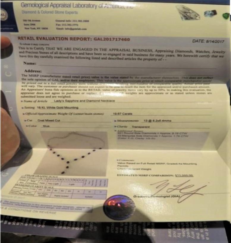 Importante e rara collana di diamanti con zaffiro di Ceylon in oro 18KT certificata dalla proprietà 20CTS In condizioni ottime in vendita a New York, NY