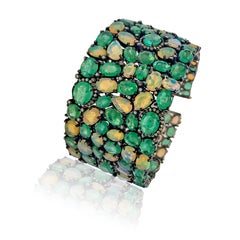 60 Carat Emerald 26 Carat Opal 1 Carat Diamond Art Deco Silver and Gold Bracelet