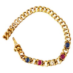 .60 Ct. European Cut Sapphire Ruby and Diamond Cuban Bracelet 14 Karat Yellow