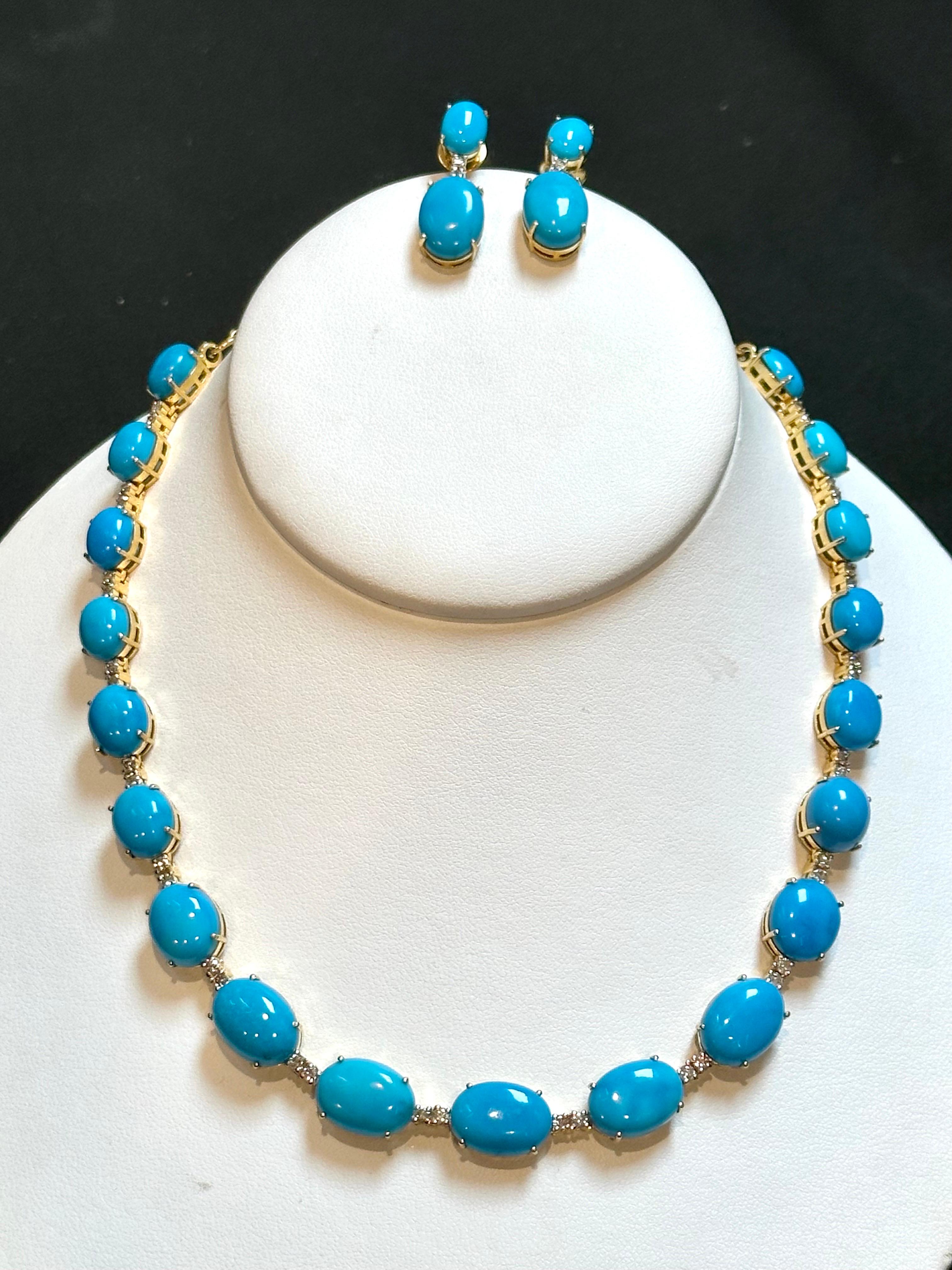 60ct Natural Sleeping Beauty Turquoise & Diamond Tennis Necklace & Earrings Set For Sale 5