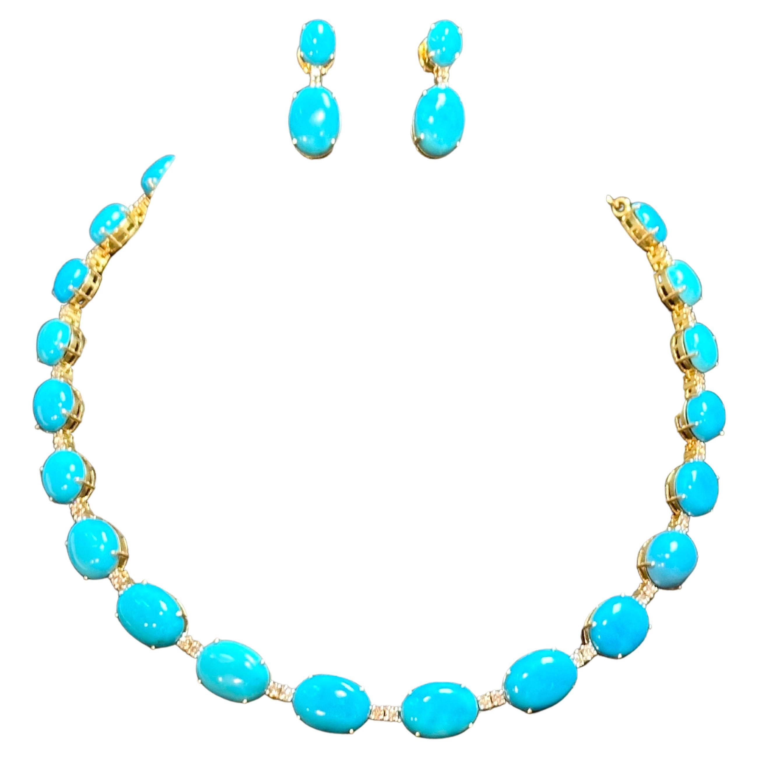 This Natural Sleeping Beauty Turquoise & Diamond Tennis Necklace & Earrings Set is a true masterpiece that showcases the exceptional quality and color of Sleeping Beauty Turquoise. The necklace features 19 stones of oval Sleeping Beauty Turquoise,