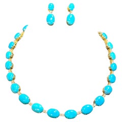 60ct Natural Sleeping Beauty Turquoise & Diamond Tennis Necklace & Earrings Set
