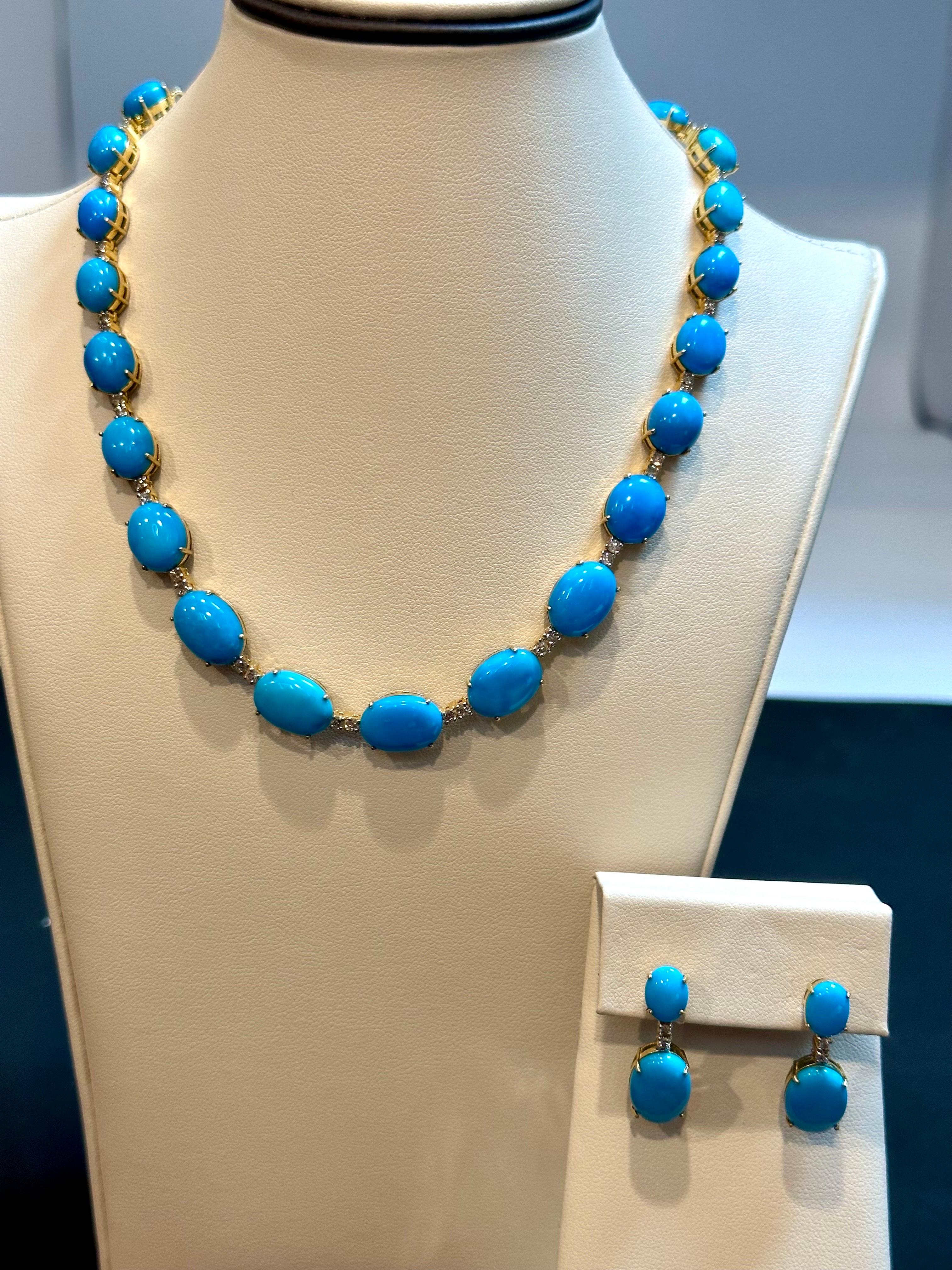 60ct Natural Sleeping Beauty Turquoise & Diamond Tennis Necklace & Earrings Set In Excellent Condition For Sale In New York, NY