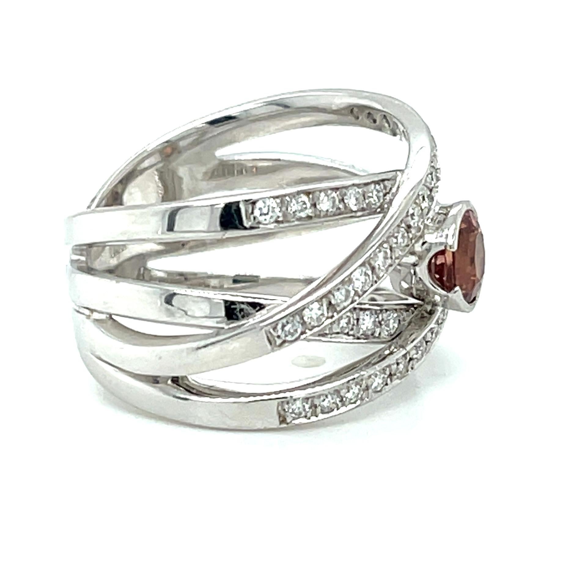 Artisan Padparadscha Sapphire and Diamond Wrap-Around Band Ring in 18k White Gold   For Sale