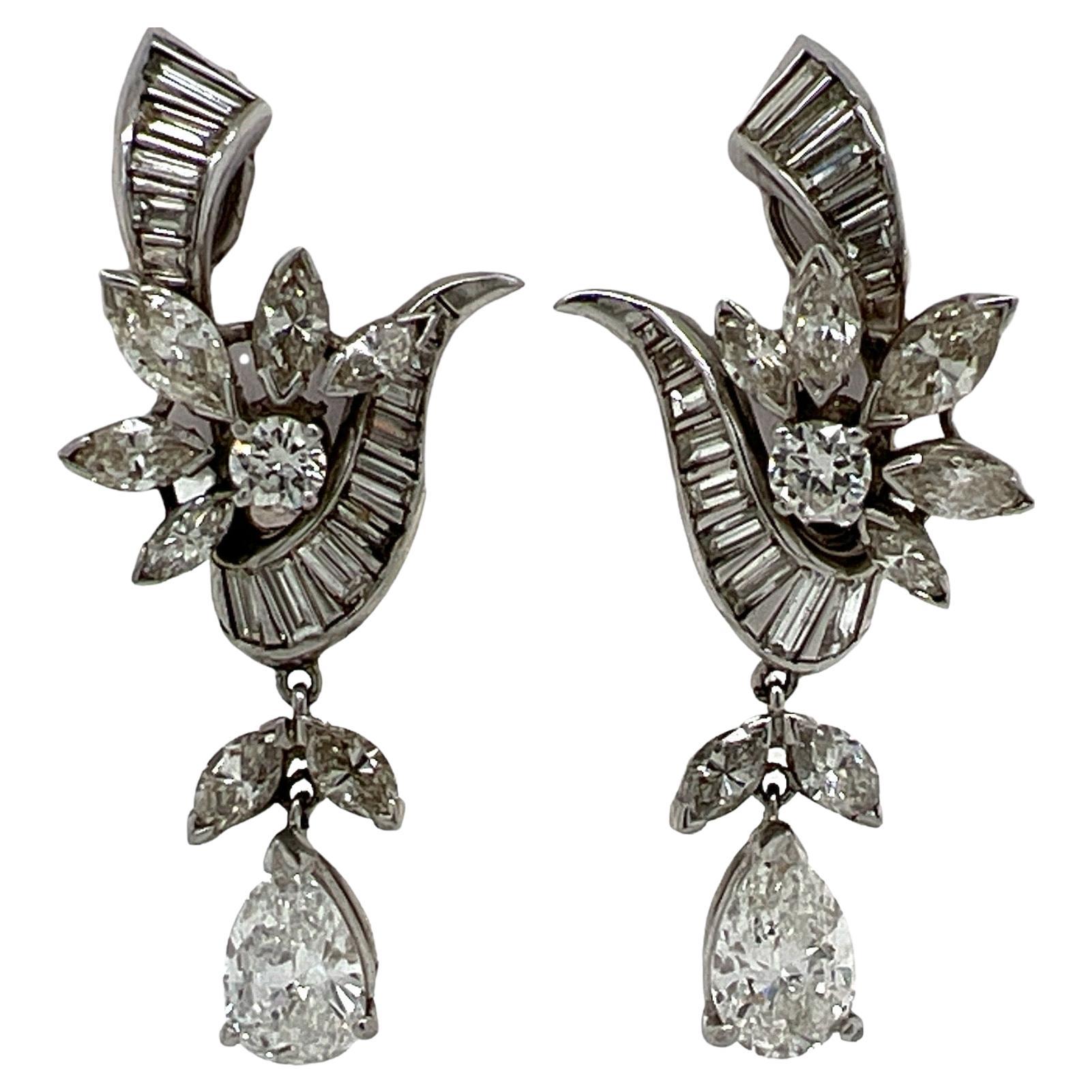 6.0 CTW Diamond Platinum Dangle Drop Estate Earrings Lever-Backs For Sale