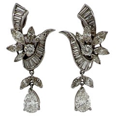 Vintage 6.0 CTW Diamond Platinum Dangle Drop Estate Earrings Lever-Backs