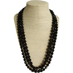60" Czech Bohemian Black Faceted Glass Bead Long Flapper Strand Necklace, 1930s