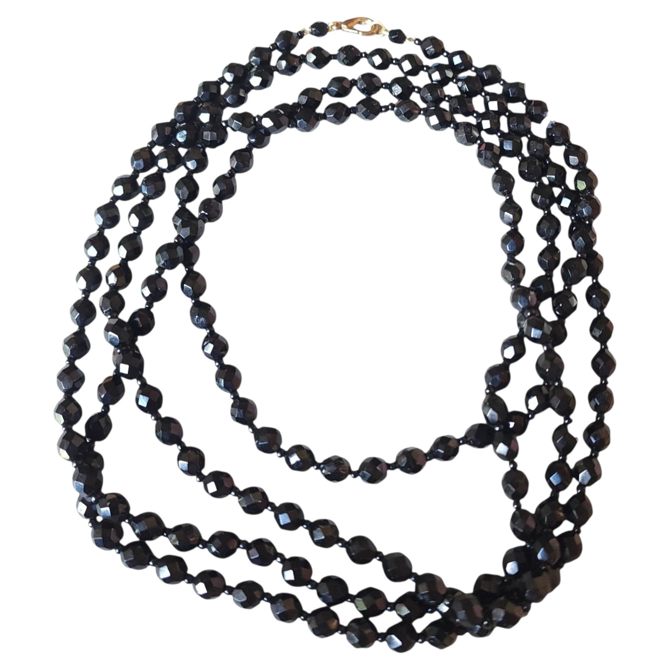 60" Czech Bohemian Black Faceted Glass Bead Long Flapper Strand Necklace, 1930s