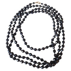 60" Czech Bohemian Black Faceted Glass Bead Long Flapper Strand Necklace, 1930s