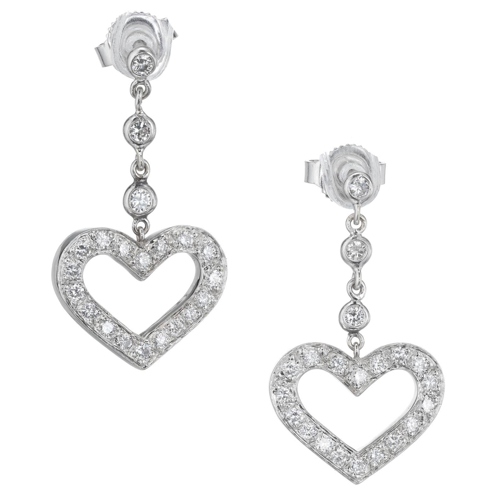 .60 Diamond 18 Karat White Gold Dangle Heart Earrings
